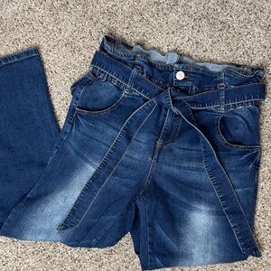 Blue Denim Jeans with Belt, Paper Bag Waist Tapered Leg